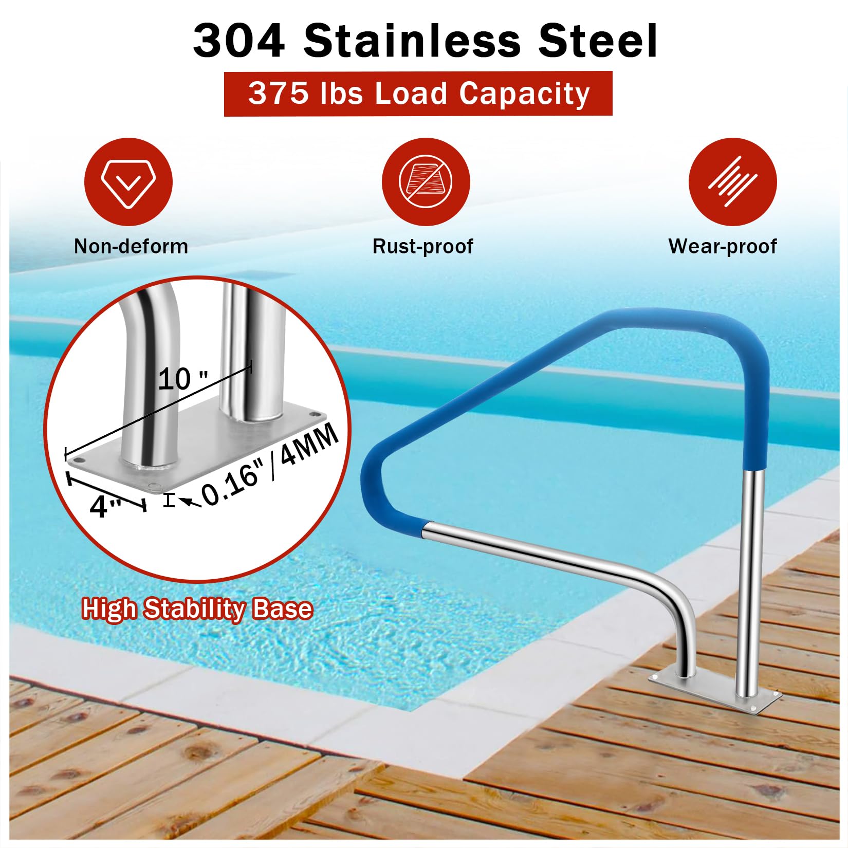 Main courante de piscine Garvee en acier inoxydable 304 avec poignées antidérapantes pour piscines enterrées, capacité de charge de 170 kg