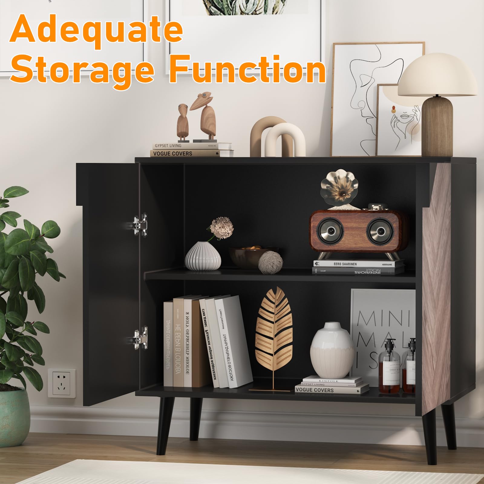 Buffet/meuble de rangement d'appoint moderne Garvee, avec portes, aspect bois, noir-gris, 80 cm, salle à manger, couloir