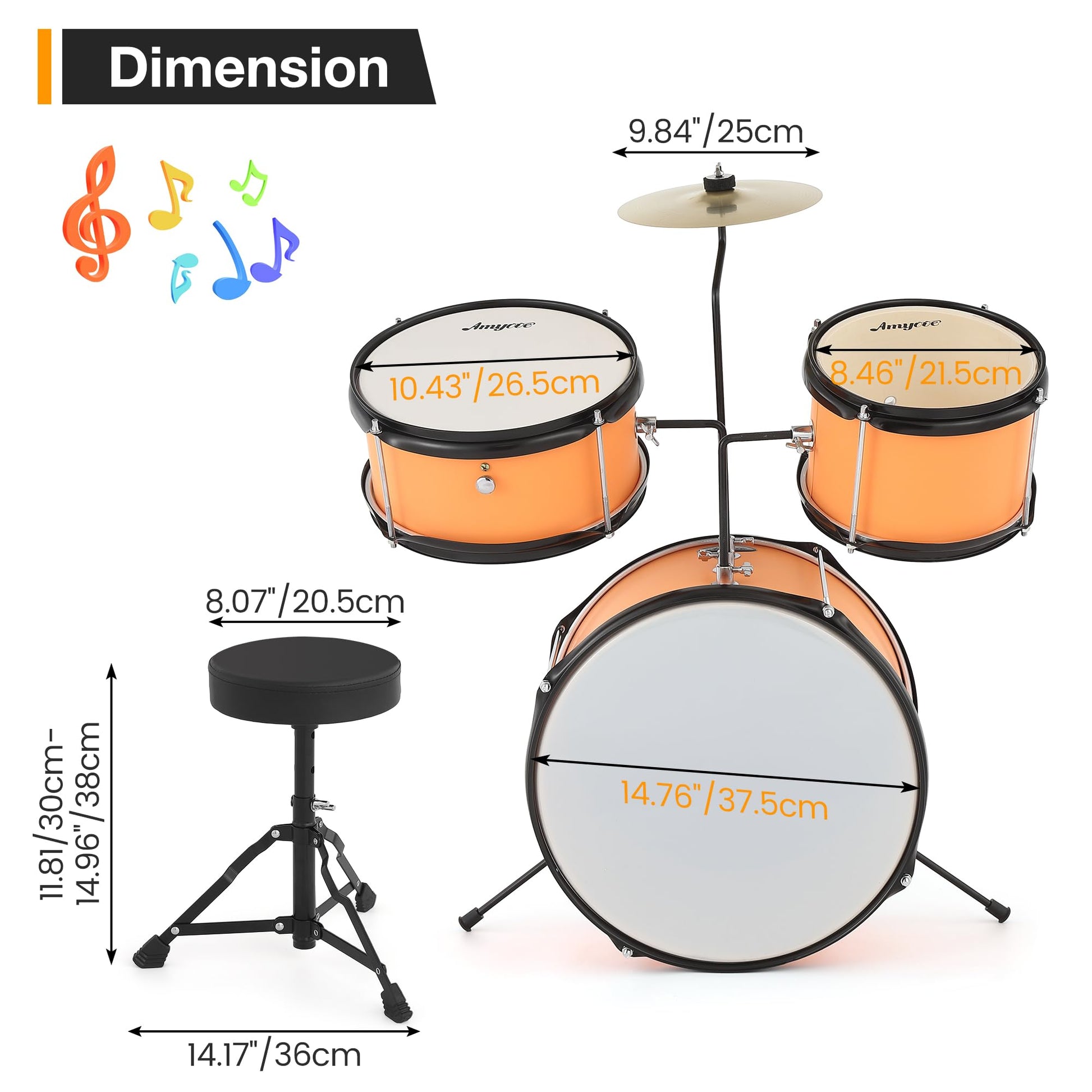 Batterie Garvee 3 pièces pour enfants avec cymbales et pédale de grosse caisse, pour garçons et filles, hauteur 74 cm, jaune