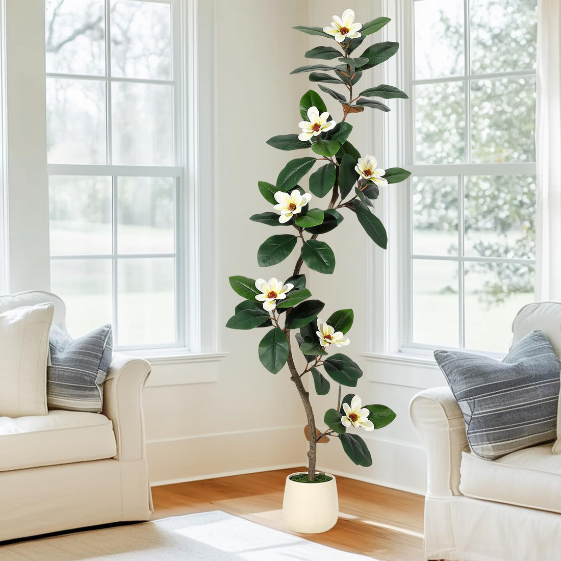Garvee Arbre artificiel caoutchouc 183 cm en pot blanc, plante d’intérieur avec 7 fleurs de magnolia, idéale salon, bureau et décoration maison.