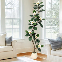 Garvee Arbre artificiel caoutchouc 183 cm en pot blanc, plante d’intérieur avec 7 fleurs de magnolia, idéale salon, bureau et décoration maison.