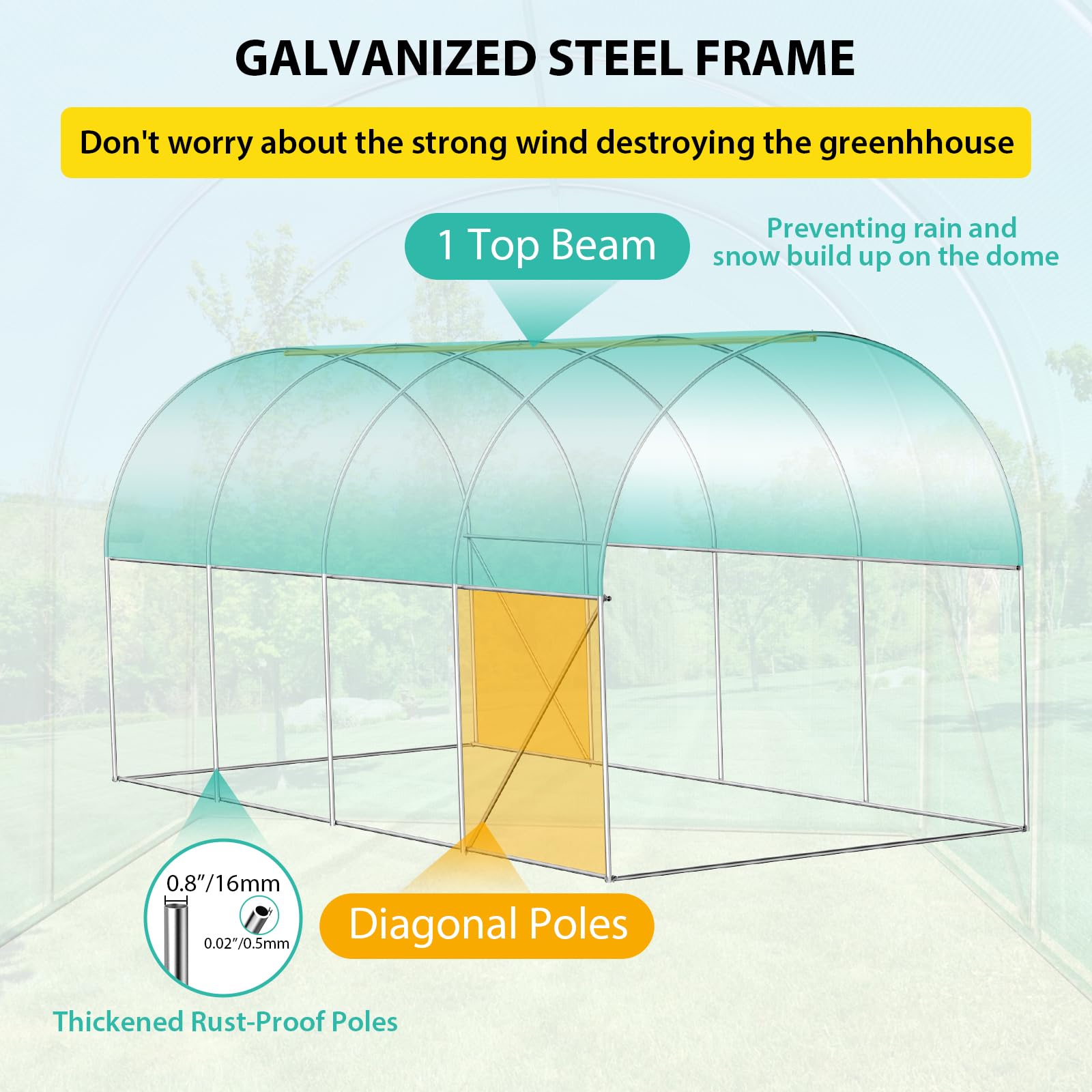 Serre Garvee 2,1 × 4,5 × 2,1 m – Serre à structure métallique avec 2 portes et 8 fenêtres pour le jardin et l'extérieur