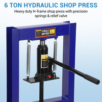 Garvee Presse hydraulique 6T à cadre en H avec 2 plateaux de presse pour atelier de réparation automobile, bleue, table de travail réglable, acier