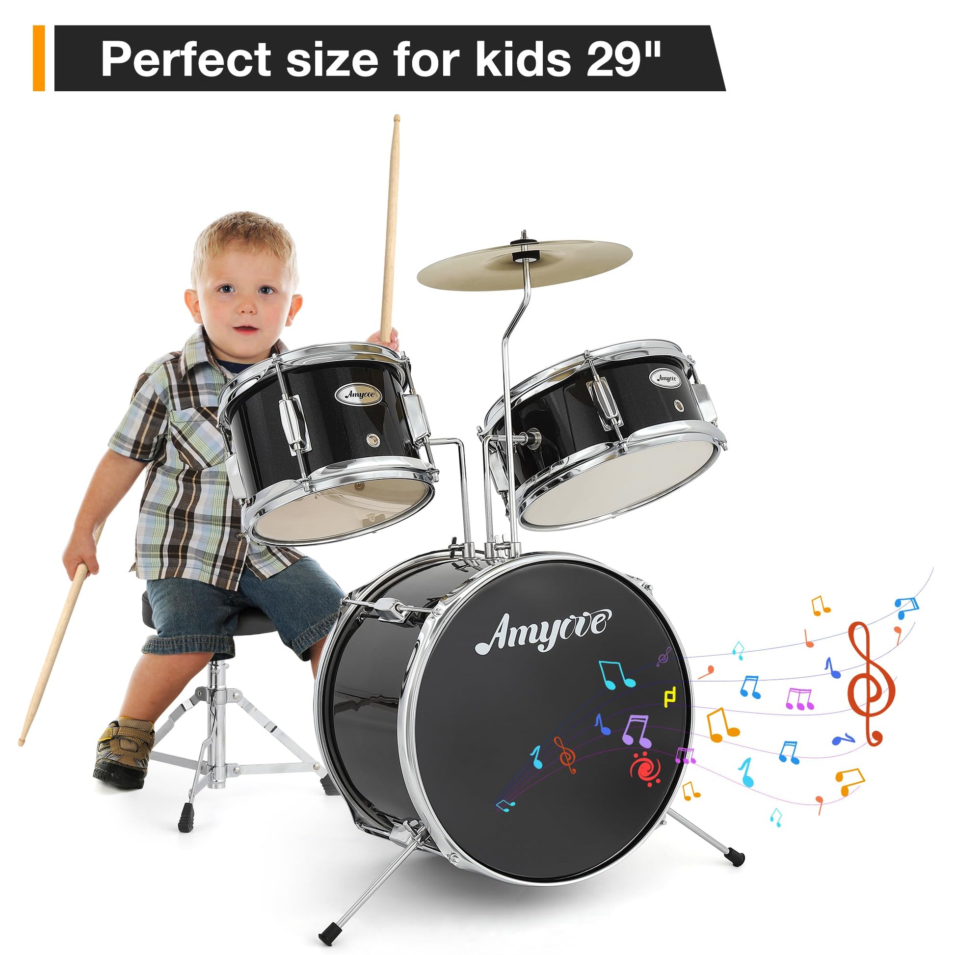 Batterie Garvee Junior 3 pièces avec cymbales, tom, grosse caisse, bois, pédale de grosse caisse, baguettes, tabouret pour chambre d'enfant, débutants, noir, 74 cm (29 pouces)