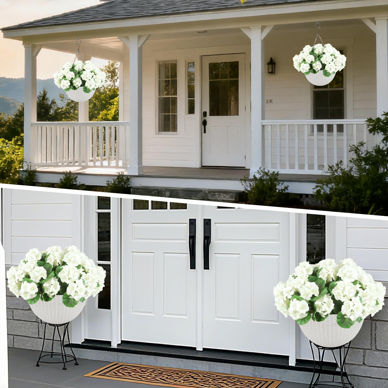 Ensemble de géraniums artificiels Garvee, résistant aux intempéries, 2 paniers, blanc, pour la décoration du jardin et de la terrasse