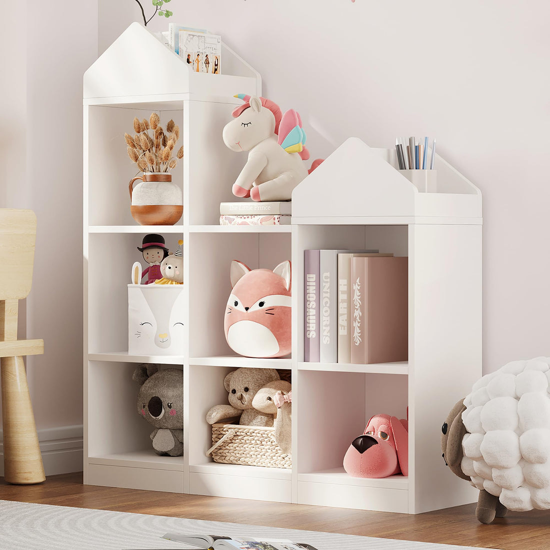 Garvee étagère de rangement pour jouets, 7 compartiments, en forme de toit, robuste, en bois blanc, pour salle de jeux/chambre d'enfant, 107 × 91 × 30 cm