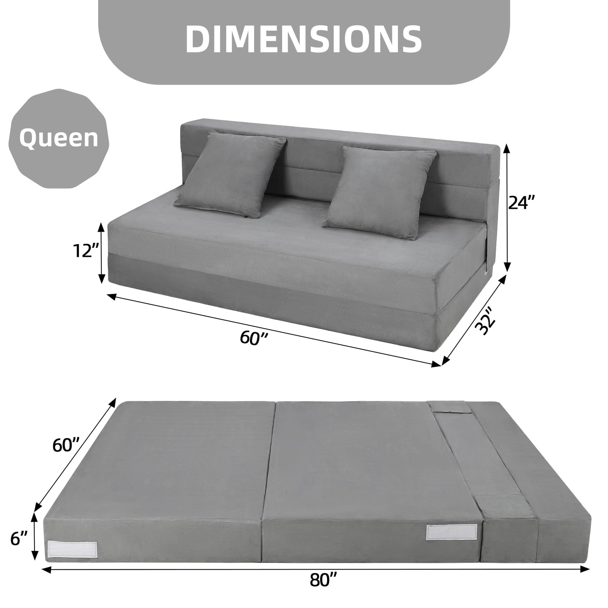 Canapé-lit pliable Garvee avec coussins en mousse à mémoire de forme, ergonomique et polyvalent pour le salon et le bureau, 203 x 152 x 15 cm, gris