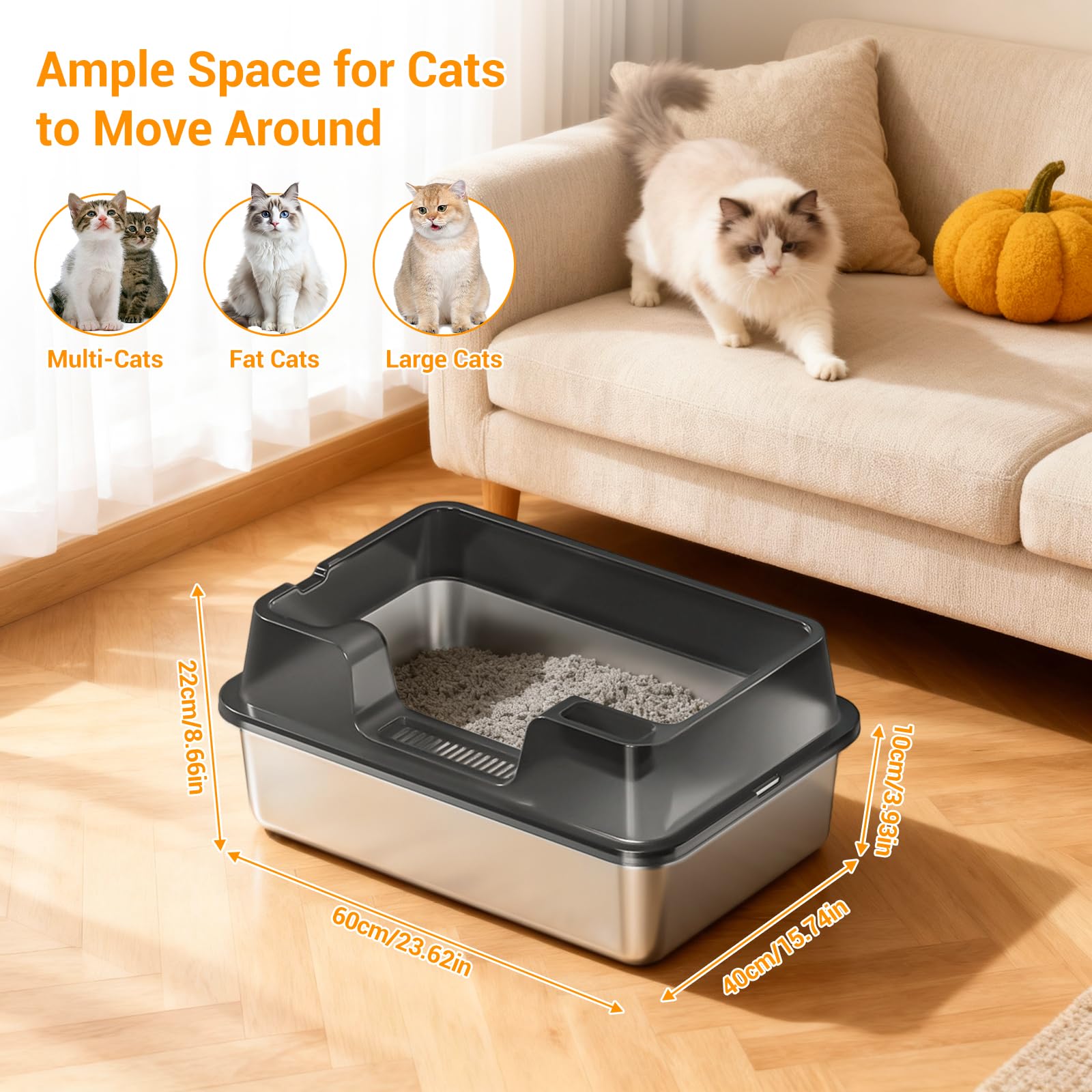 Bac à litière Garvee grand format en acier inoxydable 34 L, semi-fermé avec tapis antidérapant, idéal pour les foyers avec plusieurs chats, 60 x 40 x 22 cm, noir