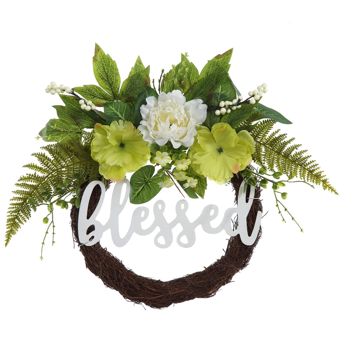 Couronne de porte Garvee Printemps-Été 61 cm (24 pouces) Hortensia vert, panneau « Béni », artificielle, faite à la main, résistante aux intempéries pour porte d'entrée et usage intérieur