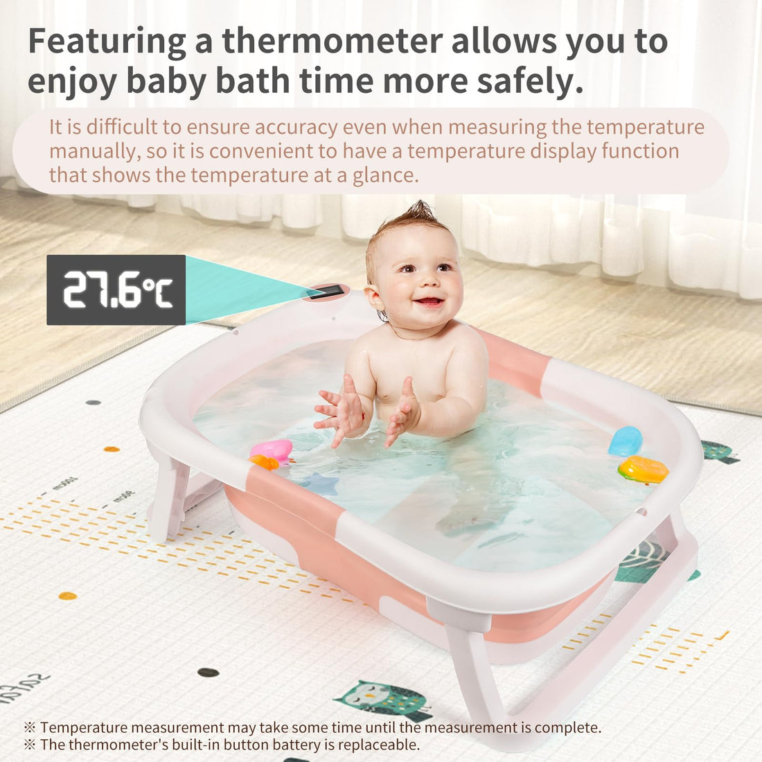 Garvee Baignoire bébé, pliable et peu encombrante, avec thermomètre et tapis antidérapant pour nouveau-nés et jeunes enfants, rose