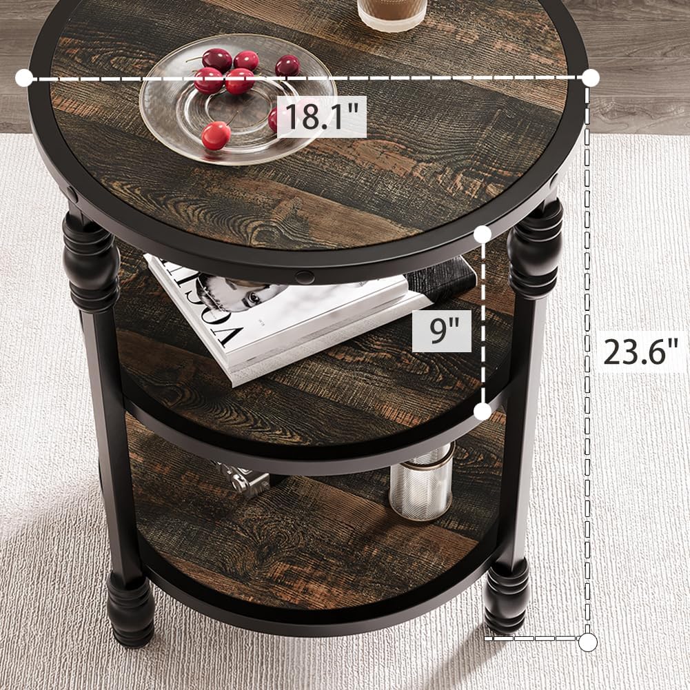 Garvee Table d’appoint ronde 3 niveaux avec étagère, style chêne rustique, bois et métal industriel, idéale salon, chambre et petits espaces.