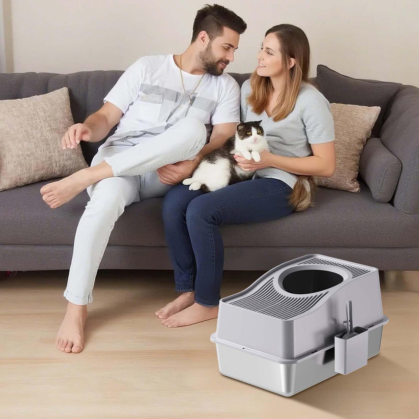 Bac à litière fermé pour chat GARVEE en acier inoxydable noir