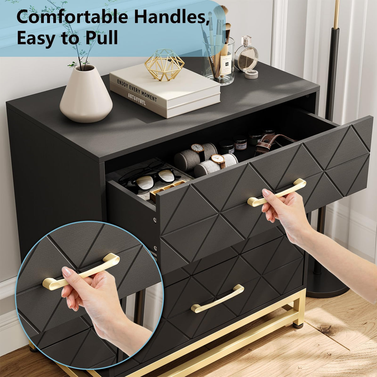 Garvee commode en bois pour chambre, 3 tiroirs, MDF, noir, moderne, robuste, gain de place, salon, couloir