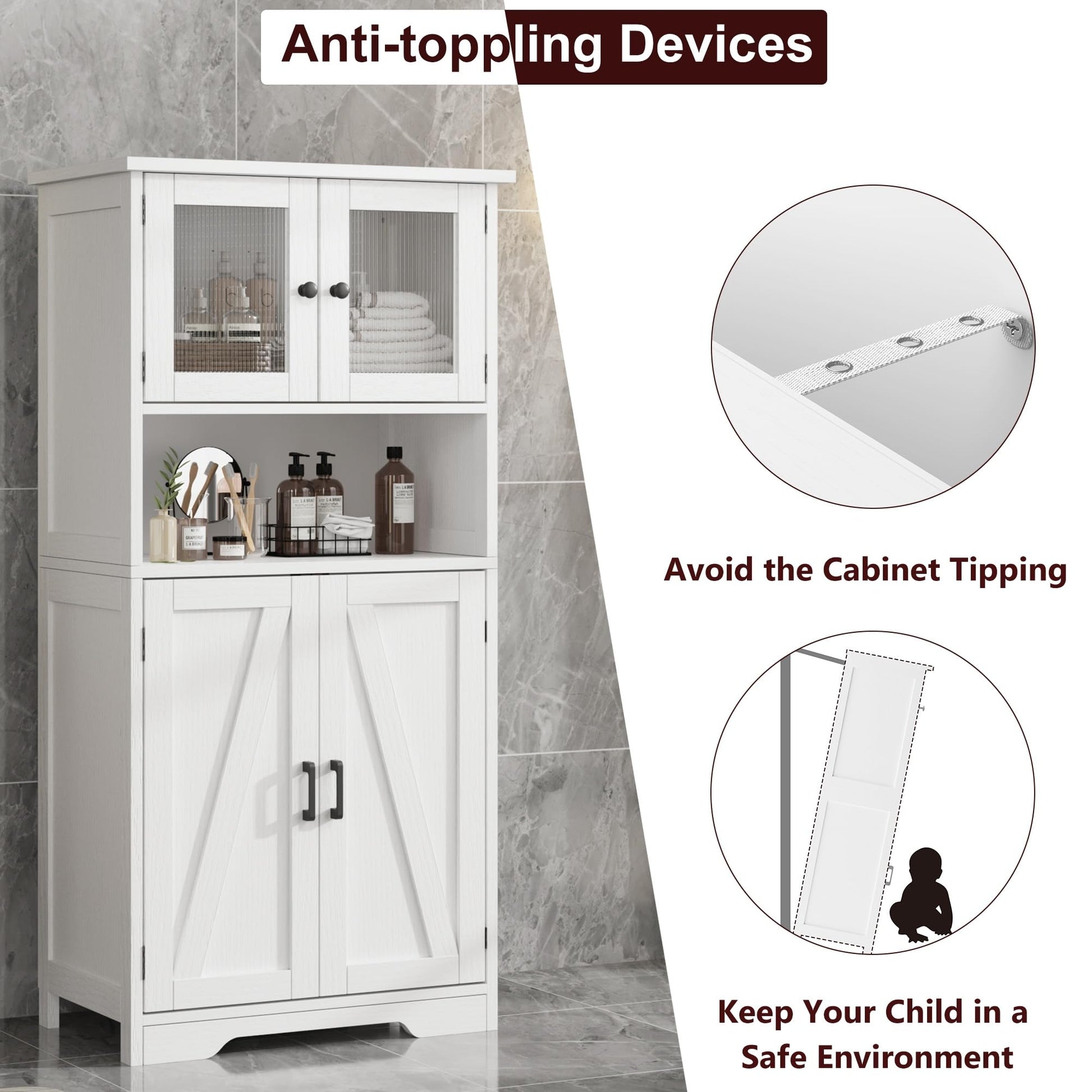 Armoire de salle de bain haute Garvee avec portes vitrées, étagères réglables, MDF, blanche, autoportante, style moderne pour salle de bain et cuisine, 60 cm (L) x 30 cm (P) x 128 cm (H)