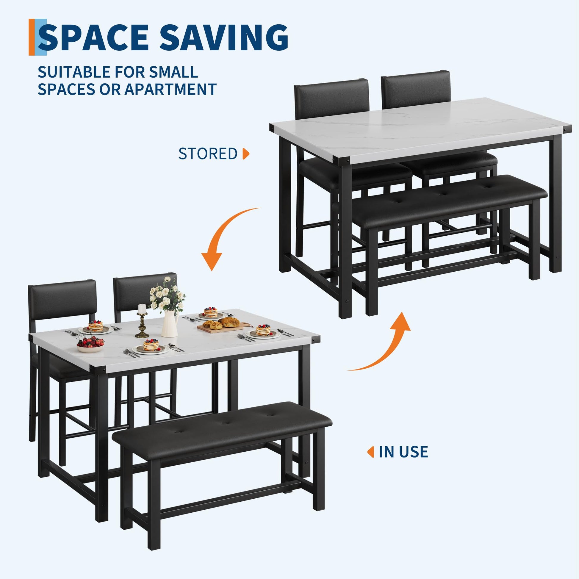 Garvee Ensemble salle à manger 4 personnes avec table, 2 chaises et banc rembourrés, MDF gris, structure robuste en H, idéal cuisine et petits espaces.