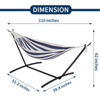 Hamac double Garvee avec structure en acier, en coton confortable, portable, à rayures bleues et blanches, pour une utilisation intérieure et extérieure, capacité de charge de 204 kg