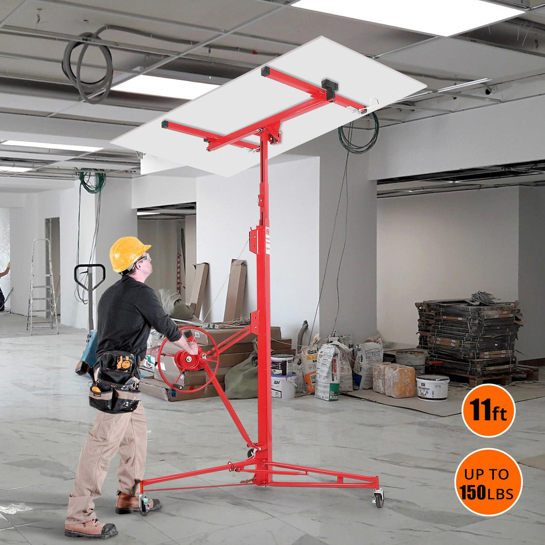 Lève-plaques de plâtre Garvee de 3,35 m (11 pi) avec une capacité de levage de 68 kg (150 lb), bras télescopique à 360°, acier au carbone, 3 roues verrouillables, à monter soi-même