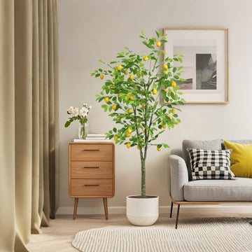 Citronnier artificiel Garvee, 180 cm, en pot blanc, pour balcon, salon ou bureau. Couleurs réalistes : vert et jaune.