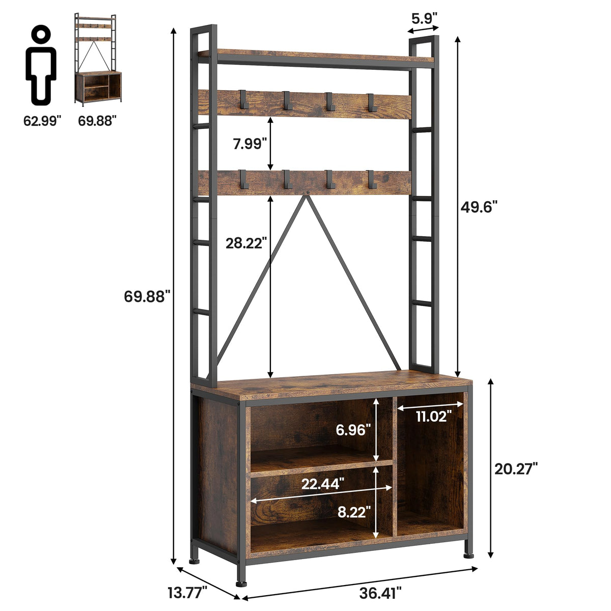 Garvee Porte-manteau avec banc et penderie 5 en 1, pour l'entrée et le vestibule, en bois rustique et ajustable