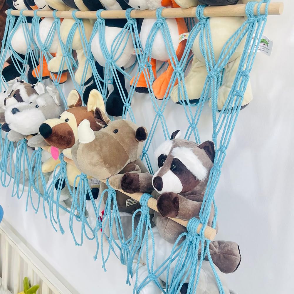 Hamac de rangement pour peluches Garvee, en filet macramé ajustable, pour chambre d'enfant ou salle de jeux, bleu