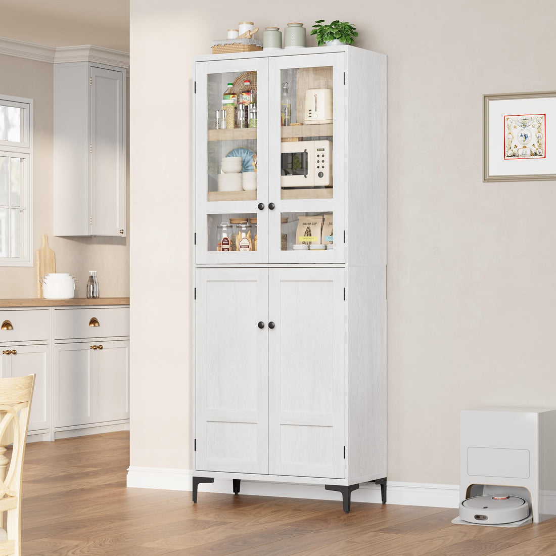 Armoire de cuisine Garvee de 180 cm de haut avec portes vitrées, 4 portes, 5 étagères réglables, en bois, pour la cuisine et la salle de bain, fermeture magnétique, autoportante, design moderne