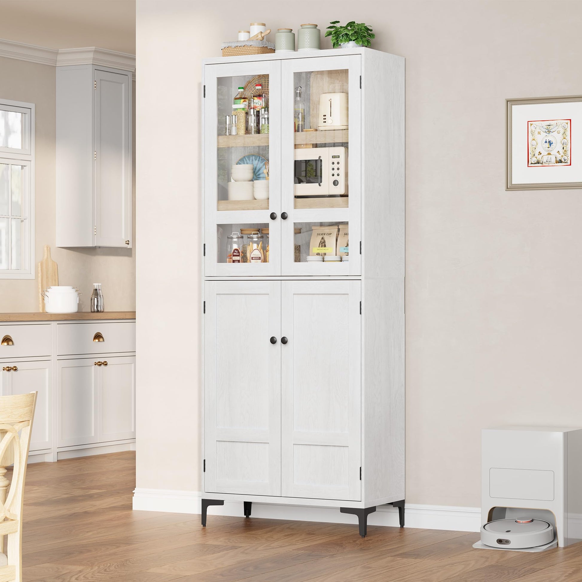Armoire de cuisine Garvee de 180 cm de haut avec portes vitrées, 4 portes, 5 étagères réglables, en bois, pour la cuisine et la salle de bain, fermeture magnétique, autoportante, design moderne