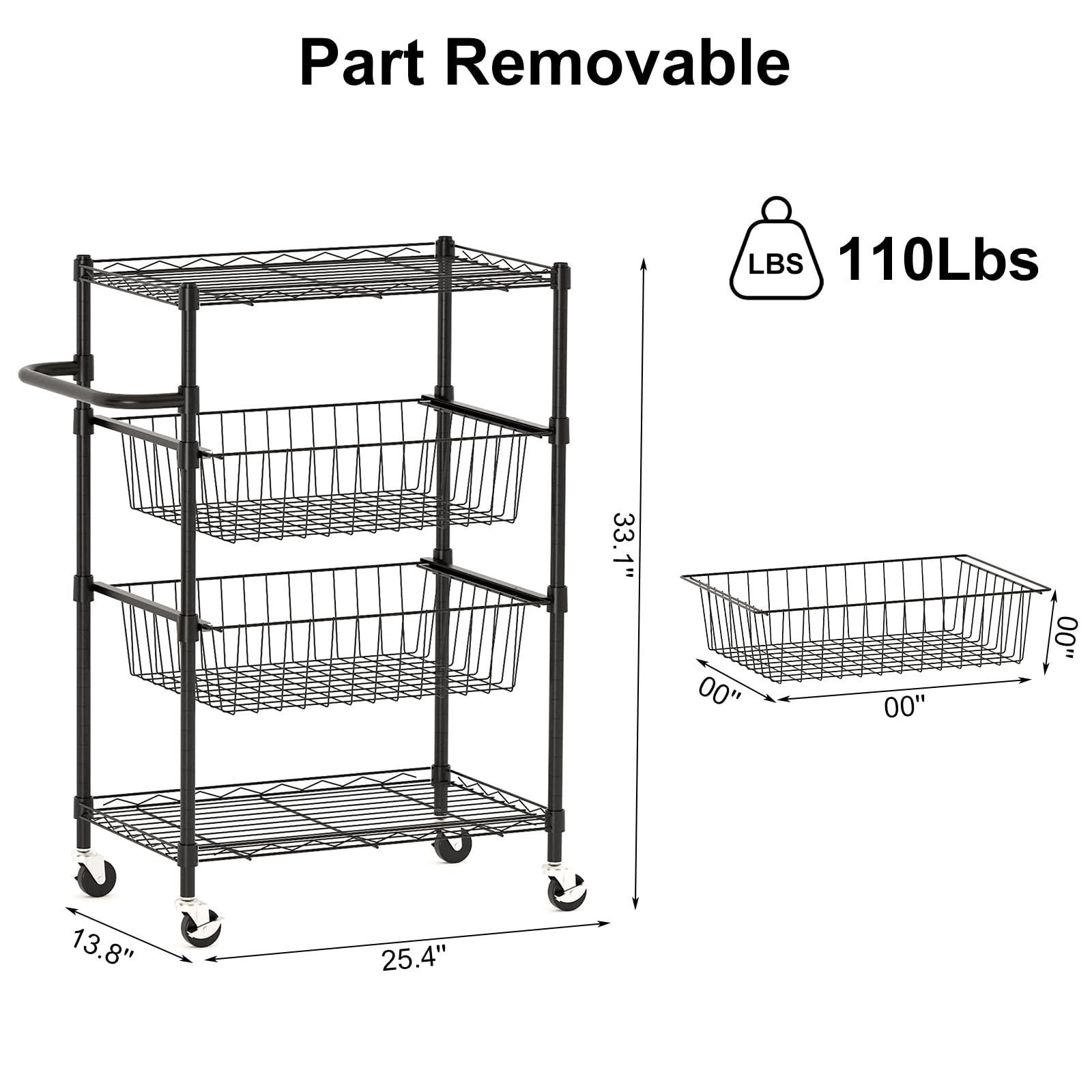 Chariot de cuisine Garvee à 4 niveaux en métal avec poignée, capacité de charge de 50 kg, étagères grillagées ouvertes, 2 roues verrouillables, usage polyvalent, métal, argent