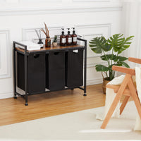 Panier à linge Garvee avec 3 poches amovibles, rangement pour salle de bain et chambre, 130 L, tissu Oxford et structure en bois et métal