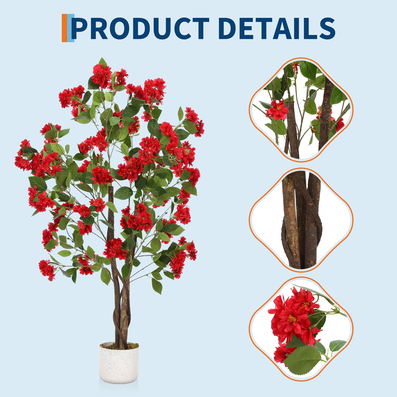 Osmanthus artificiel Garvee de 120 cm avec 48 fleurs rouges, tronc en bois naturel, feuilles en polyester, pot robuste pour la décoration intérieure et extérieure