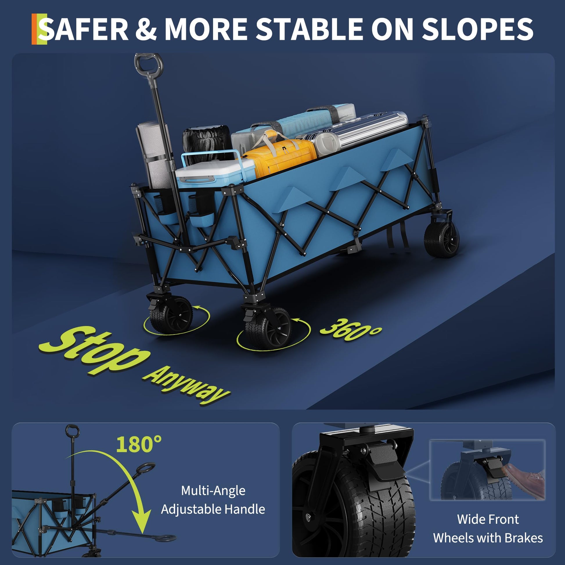 Chariot de plage pliable Garvee avec roues tout-terrain, cadre en acier, capacité de charge de 159 kg, roues de 18 cm, porte-gobelet, 137 x 73 x 107 cm, plage et extérieur, pliable, robuste