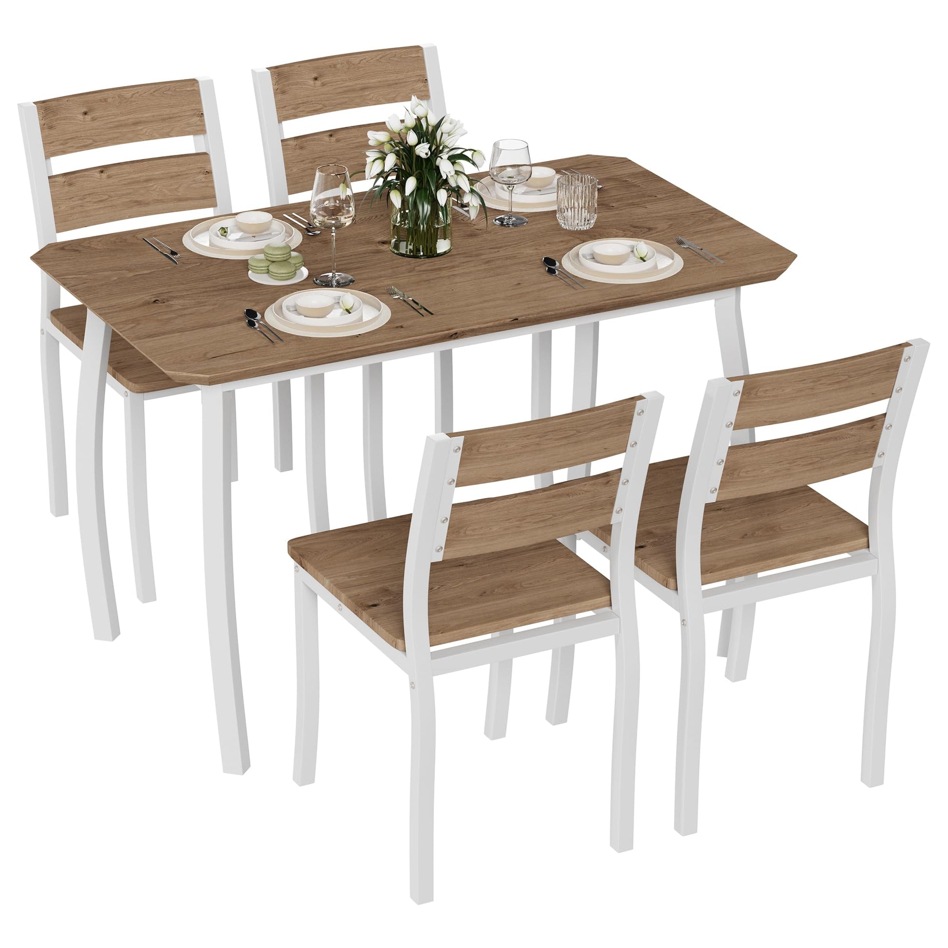 Ensemble table et chaises de salle à manger Garvee pour 4 personnes, structure en métal, design d'angle, chaises ergonomiques, bois, blanc, gain de place pour les petites pièces