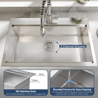 Garvee Évier encastrable en acier inoxydable 76 x 46 cm, cuve simple profonde 23 cm, kit d’accessoires inclus, idéal cuisine, bar et atelier, gris argenté