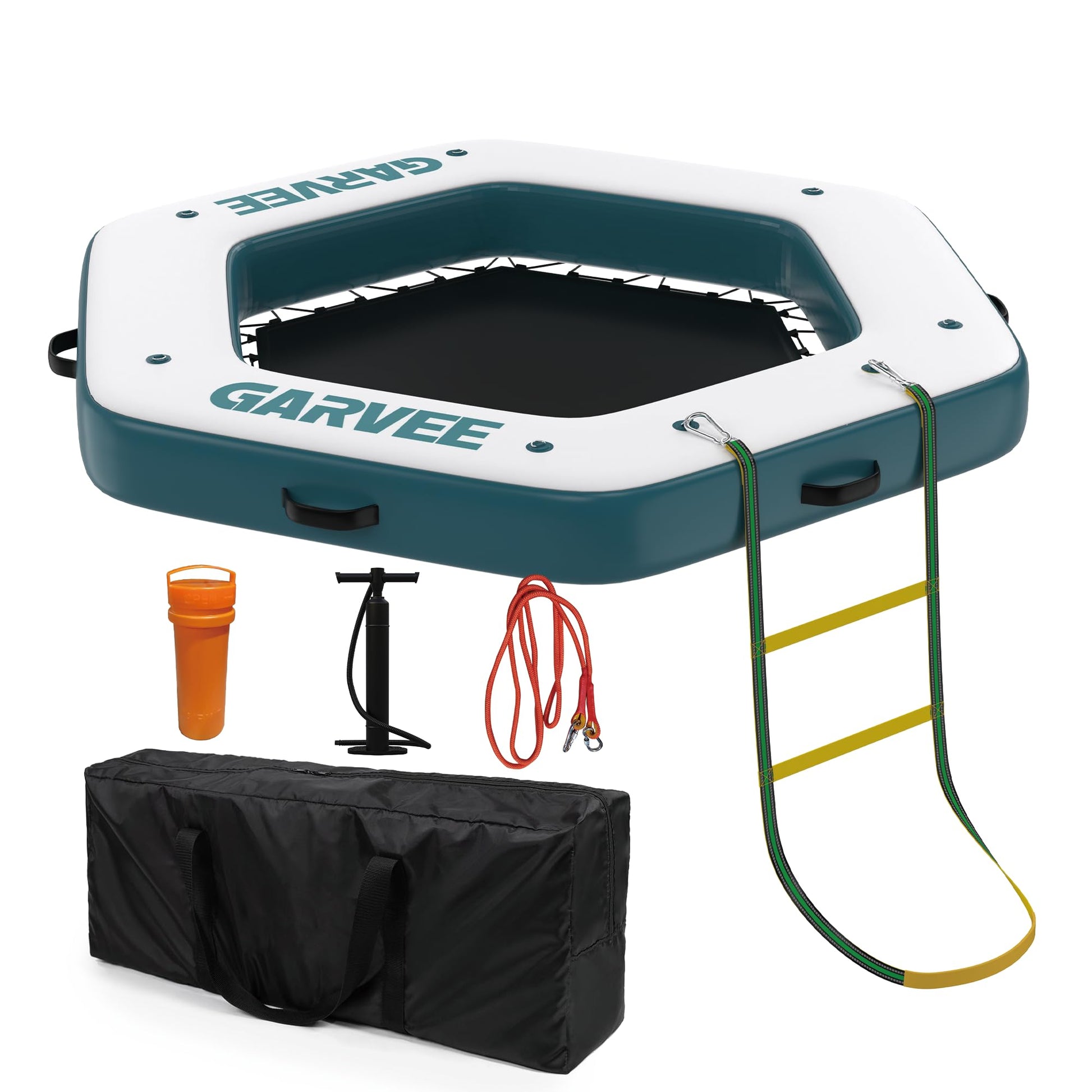 Garvee Hamac aquatique gonflable hexagonal 259 cm, plateforme flottante en PVC marin avec bassin central en maille 152 cm, anneaux inox modulaires et pompe manuelle, blanc et bleu