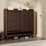 Garvee grand meuble à chaussures cannelé en bois avec porte coulissante, 2 tiroirs réglables, design élégant, gain de place pour entrée, 40 cm, bois naturel - Noir et Noyer