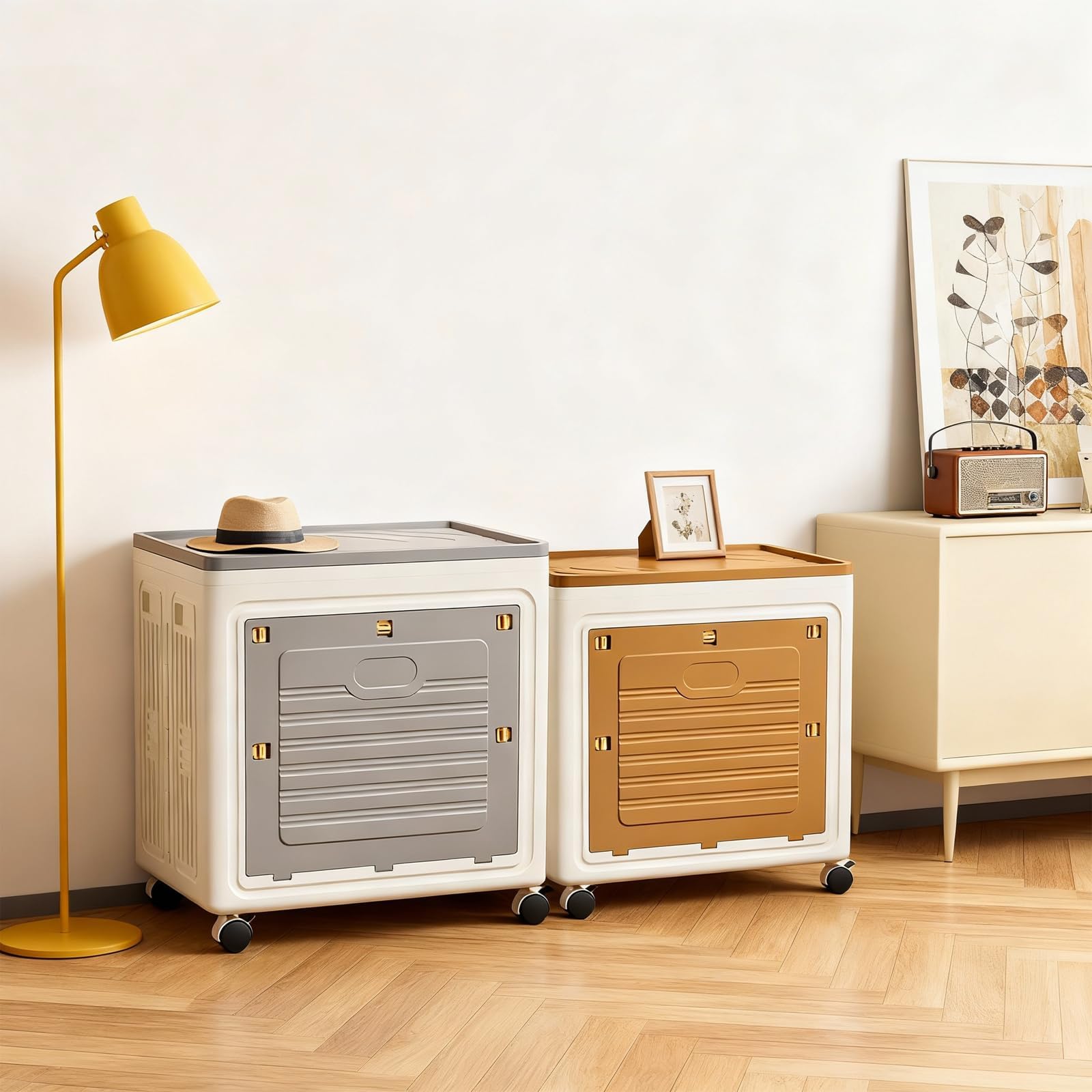 Boîte de rangement pliable Garvee, grand modèle 95 L avec couvercle et roulettes, idéale pour placard, salle de bain, chambre, cuisine, bureau, 48 x 36 x 56 cm, multicolore