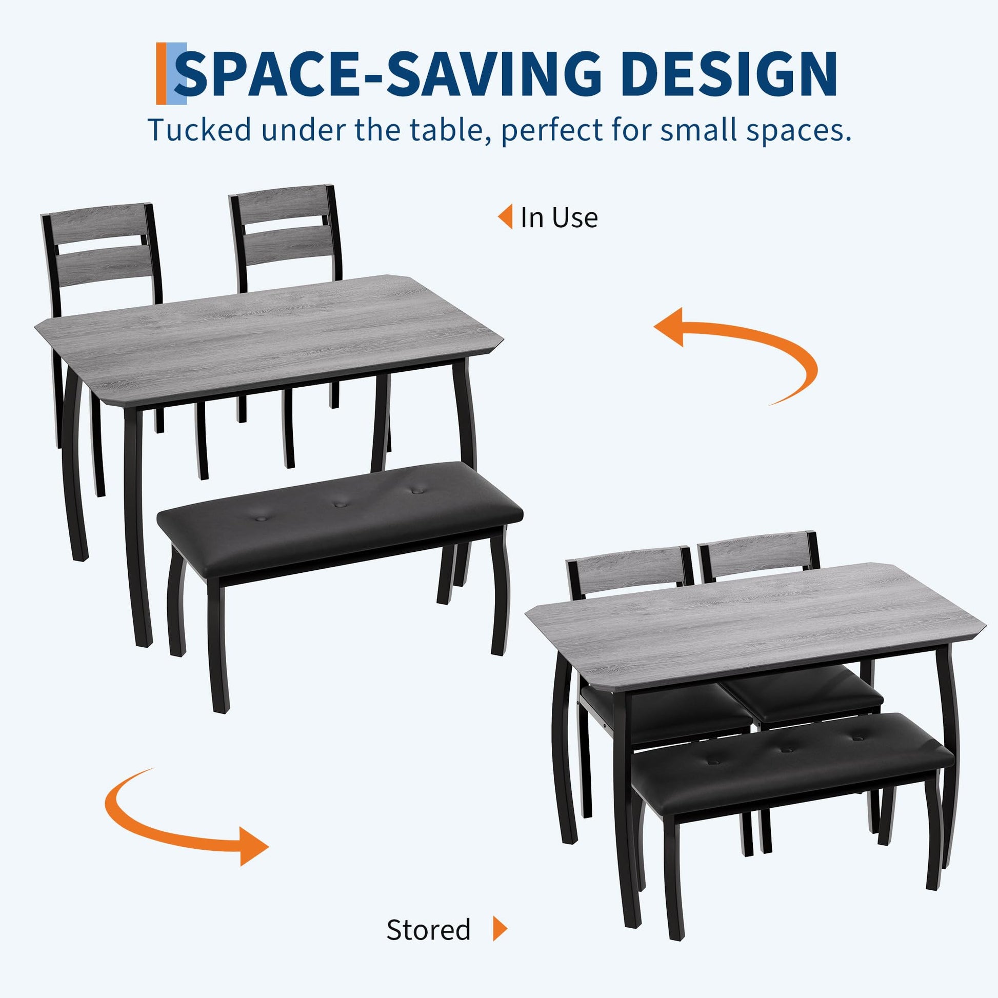 Ensemble de salle à manger Garvee pour 4 personnes, table robuste en bois avec pieds en métal, banc rembourré et 2 chaises, design moderne, gain de place, gris