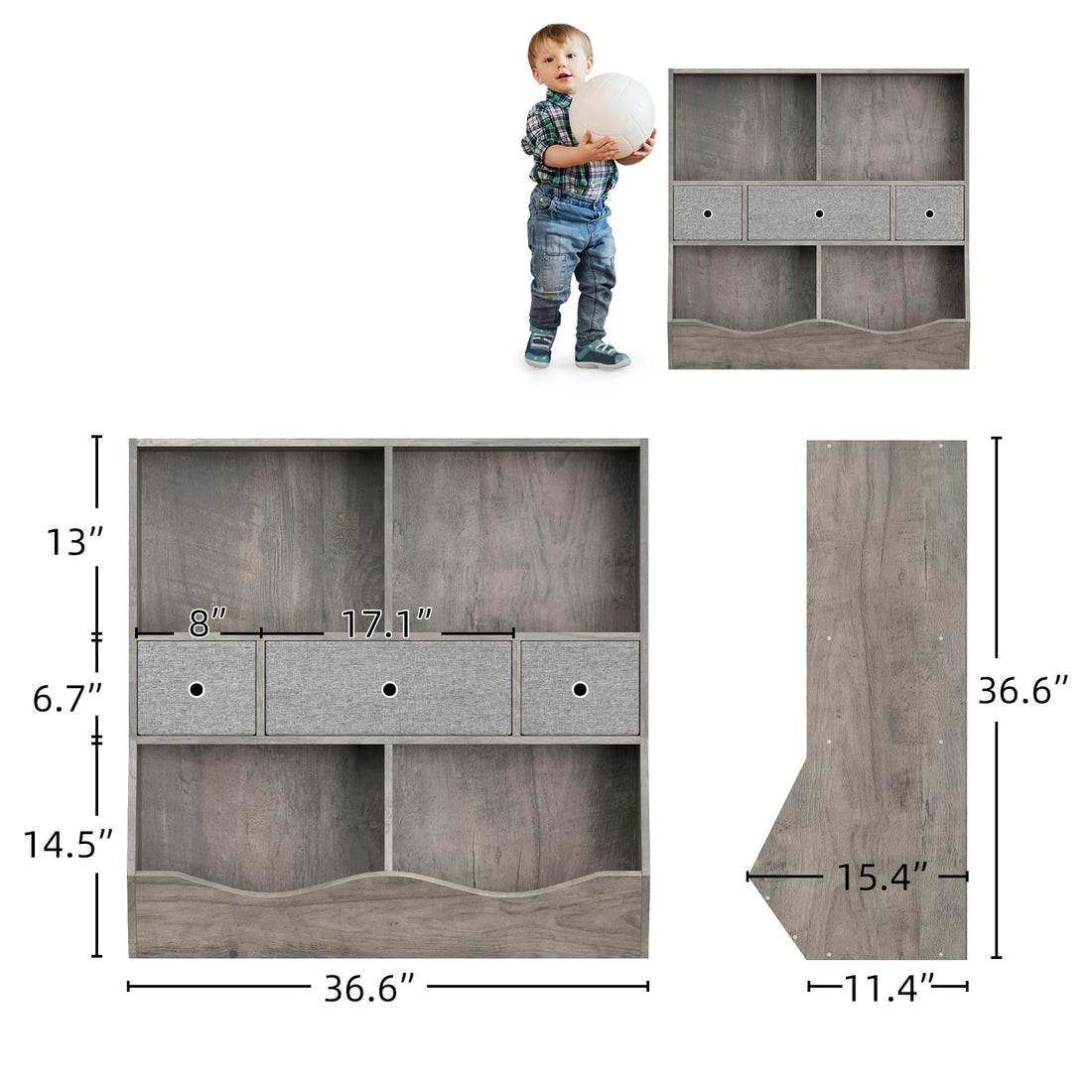 Garvee grand meuble de rangement pour jouets à 7 compartiments et 3 tiroirs, idéal pour la salle de jeux et le couloir, gris