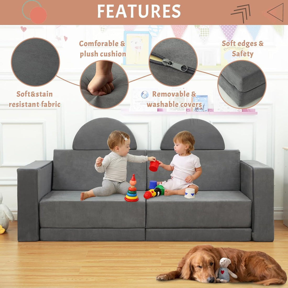 Garvee Canapé de jeu pour enfants canapé modulaire 8 pièces, housse amovible en microfibre gris foncé, salle de jeux