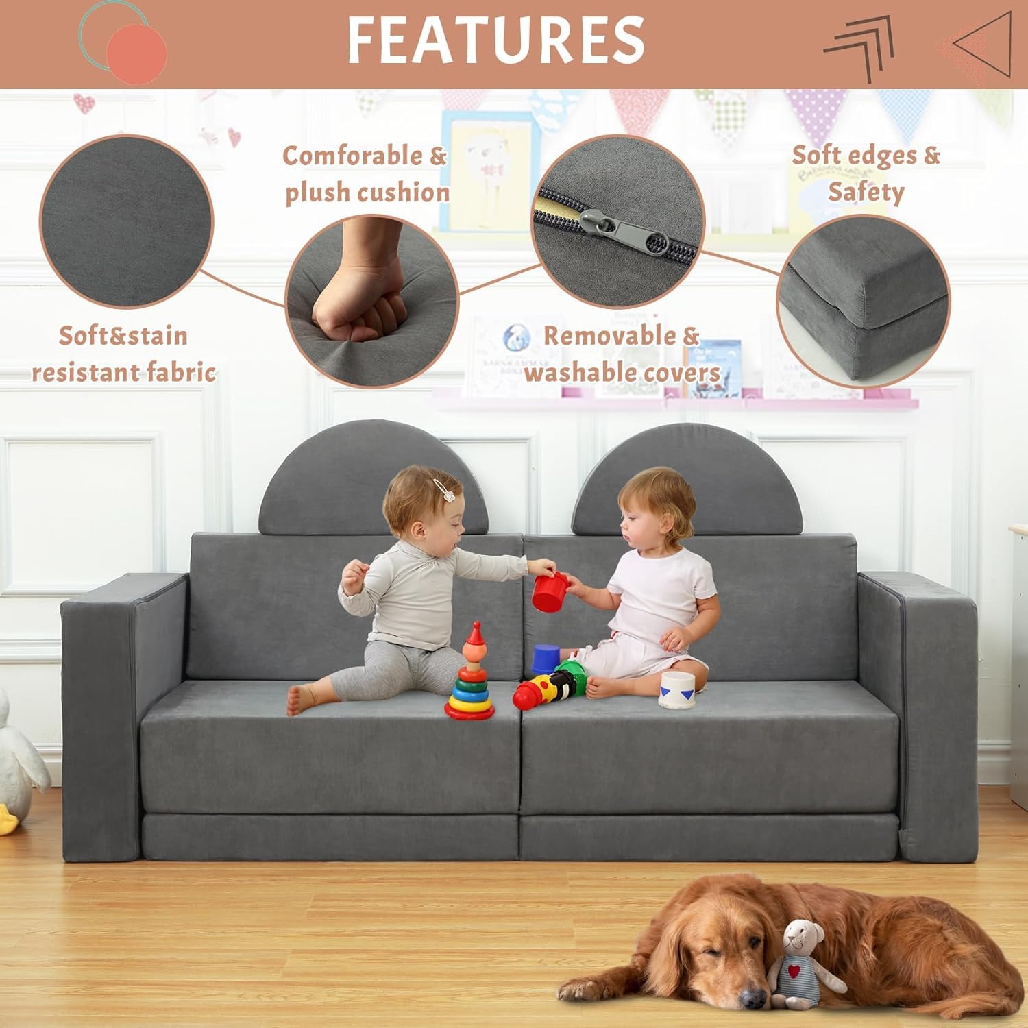 Canapé de jeu pour enfants Garvee, canapé modulaire 8 pièces, housse amovible en microfibre gris foncé, salle de jeux