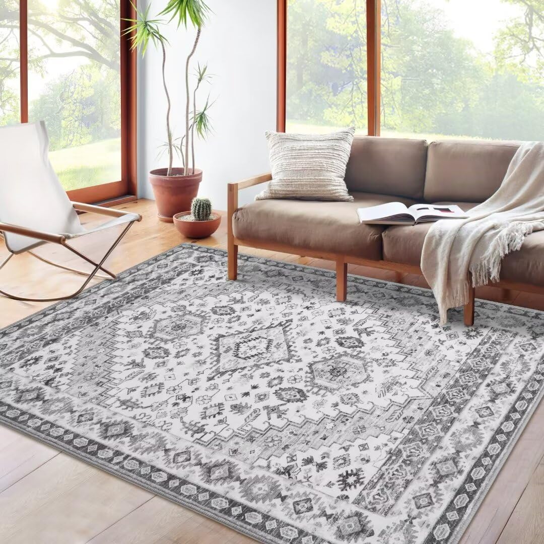 Tapis persan GARVEE 160x230cm Gris | Résistant aux taches, lavable, non pelucheux et antidérapant | Pour salon, chambre