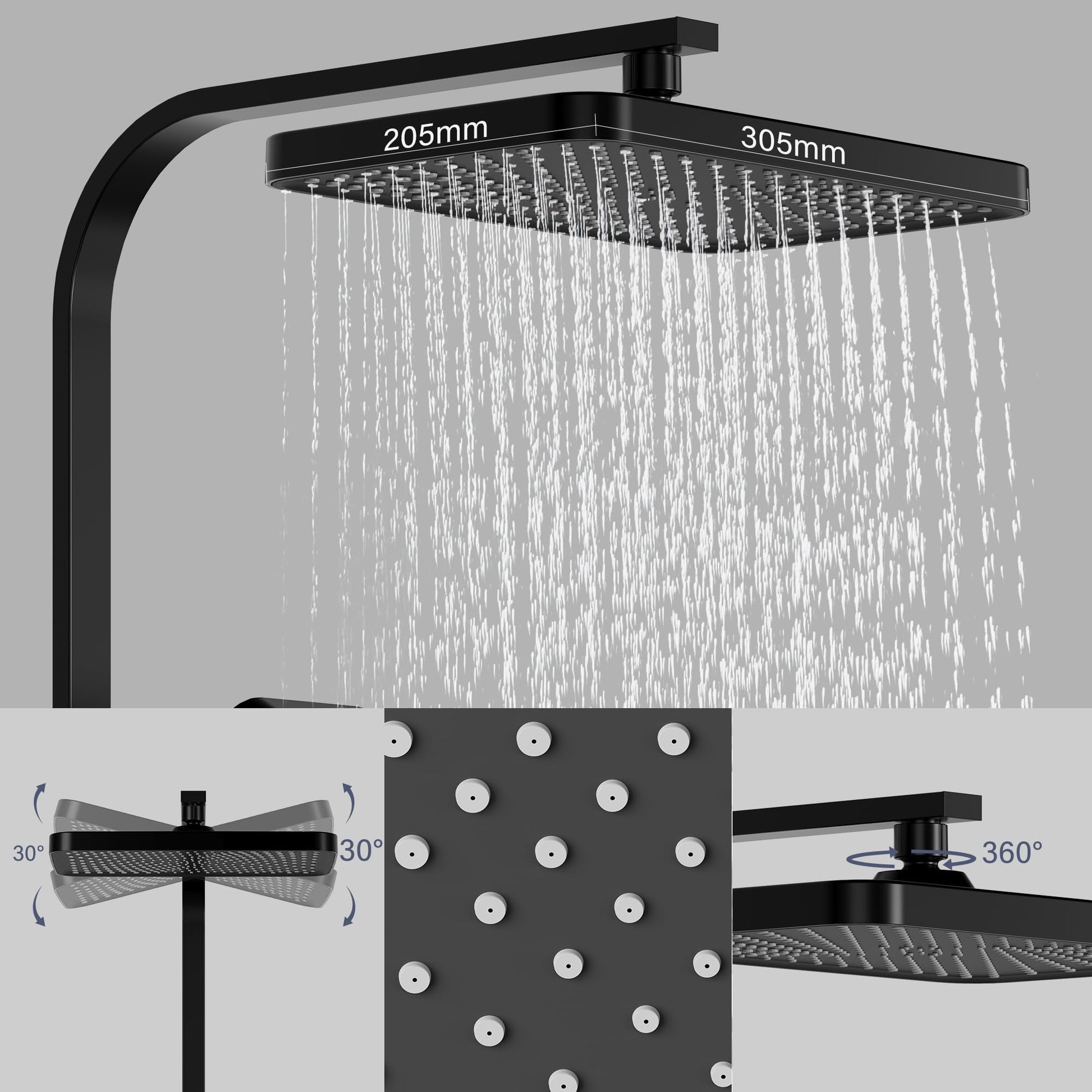 Système de douche à effet pluie Garvee sans accessoires, avec étagère, en acier inoxydable noir, 30 x 20,5 cm