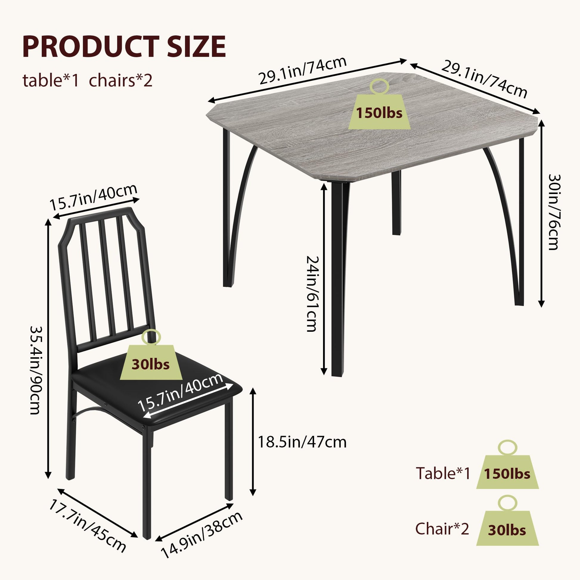 Ensemble de salle à manger Garvee pour 2 personnes, design chanfreiné, 3 pièces, sièges rembourrés, gris, compact pour petits espaces