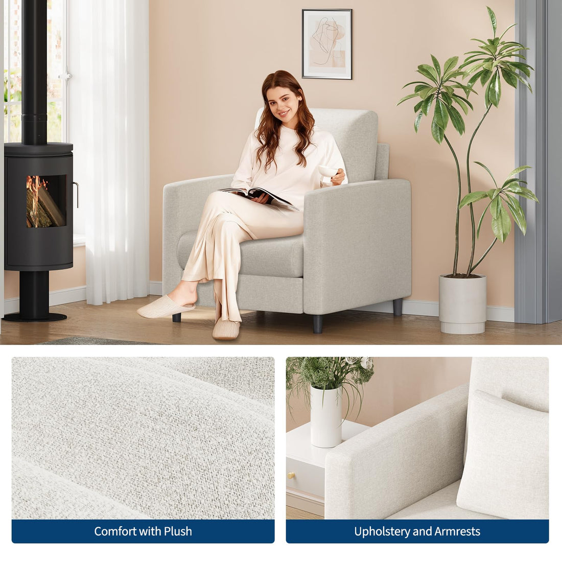 Garvee fauteuil d’appoint 86 cm en chenille, deux places, ressorts ensachés 19 cm, blanc, pour salon et chambre