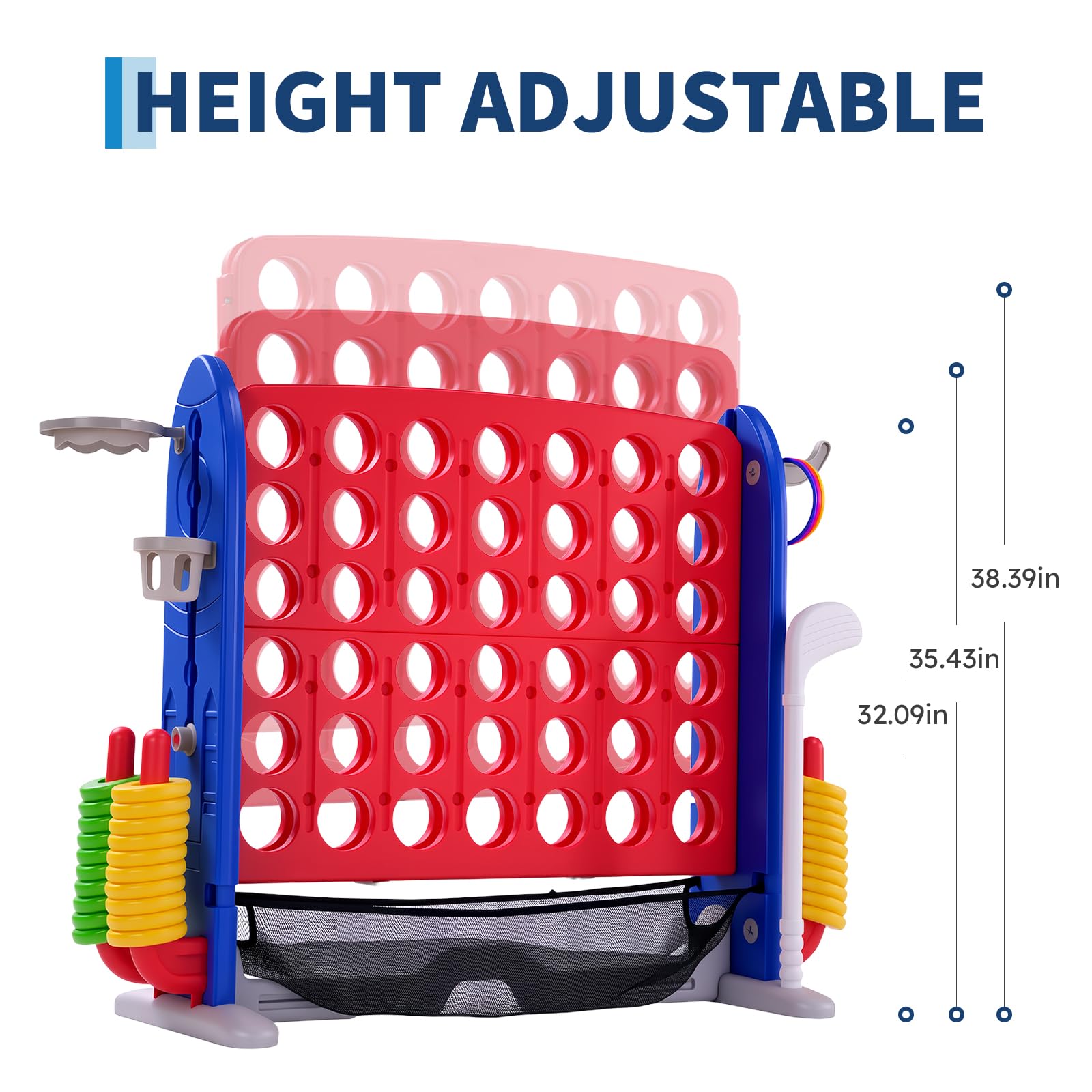 Jeu géant 4 en 1 Garvee Puissance 4 avec panier de basket et jeu d'anneaux pour le jardin et les fêtes de famille, hauteur réglable, robuste en PE/PP, portable