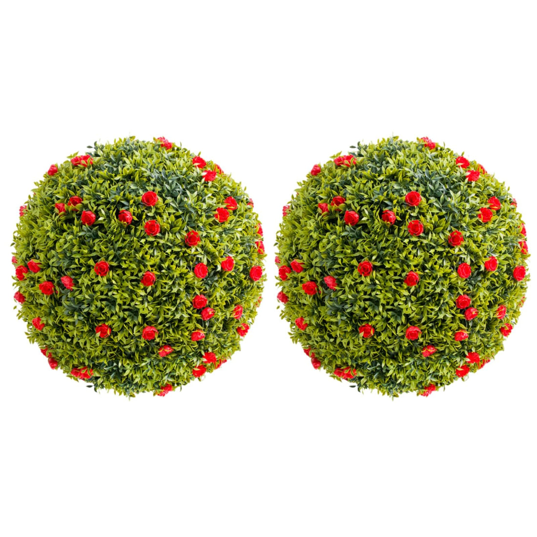Garvee Lot de 2 boules de buis artificiel de 57 cm (22,4 po) avec fleurs rouges pour balcon et jardin, en polyéthylène résistant aux intempéries, vert