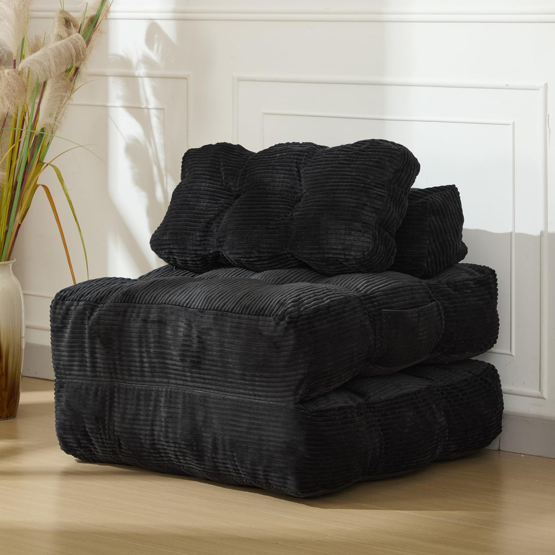 Canapé-lit pliant 3 en 1 Garvee avec coussins, mousse confortable, tissu velours côtelé, noir, pour salon et chambre, gain de place