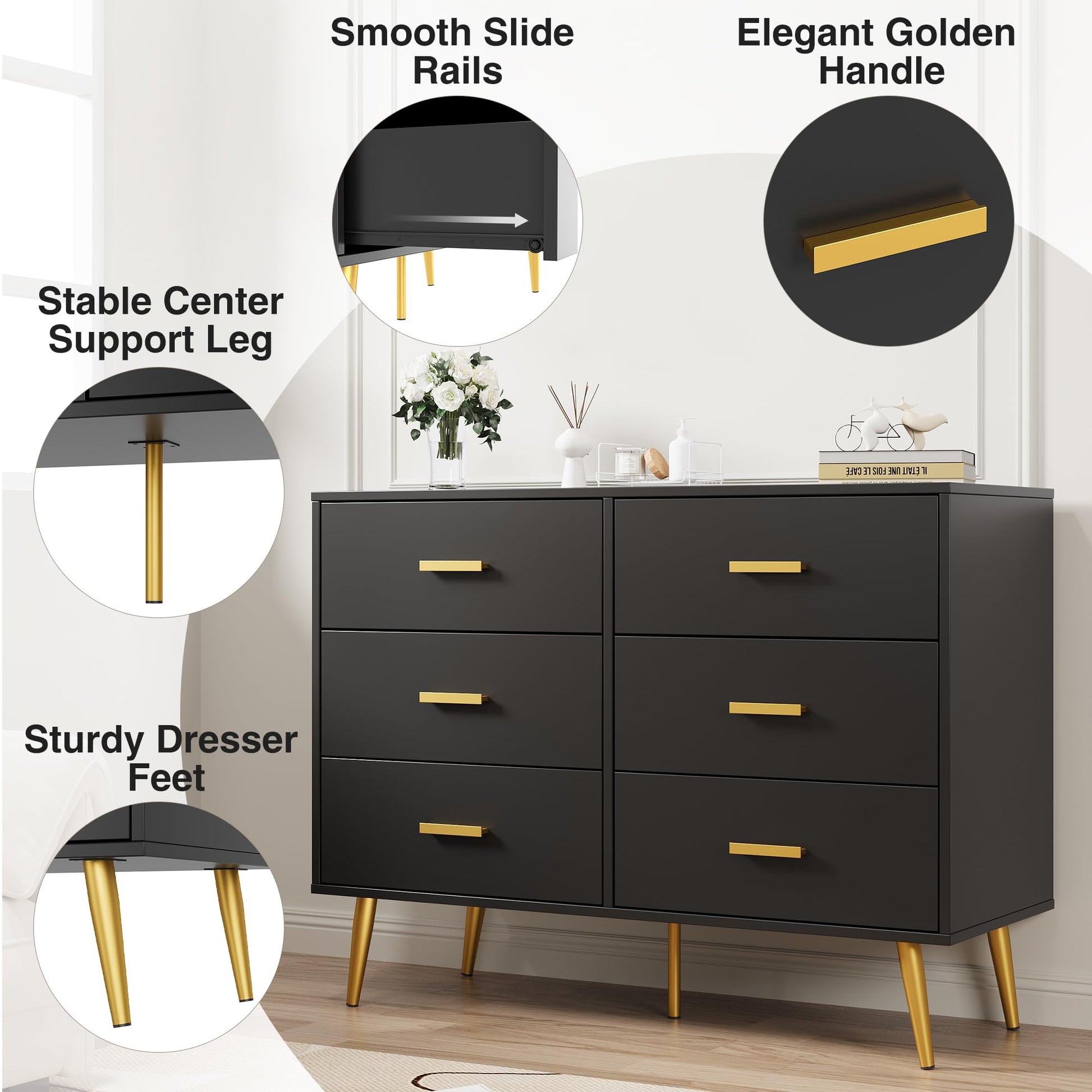Commode moderne Garvee à 6 tiroirs avec rangement, en bois MDF, poignées dorées, pour chambre et salon, noire, polyvalente