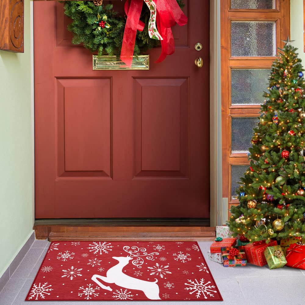 Tapis de Noël Garvee, antidérapant, 40 x 60 cm, pour l'intérieur et l'extérieur, résistant, motif de Noël pour l'entrée, rouge