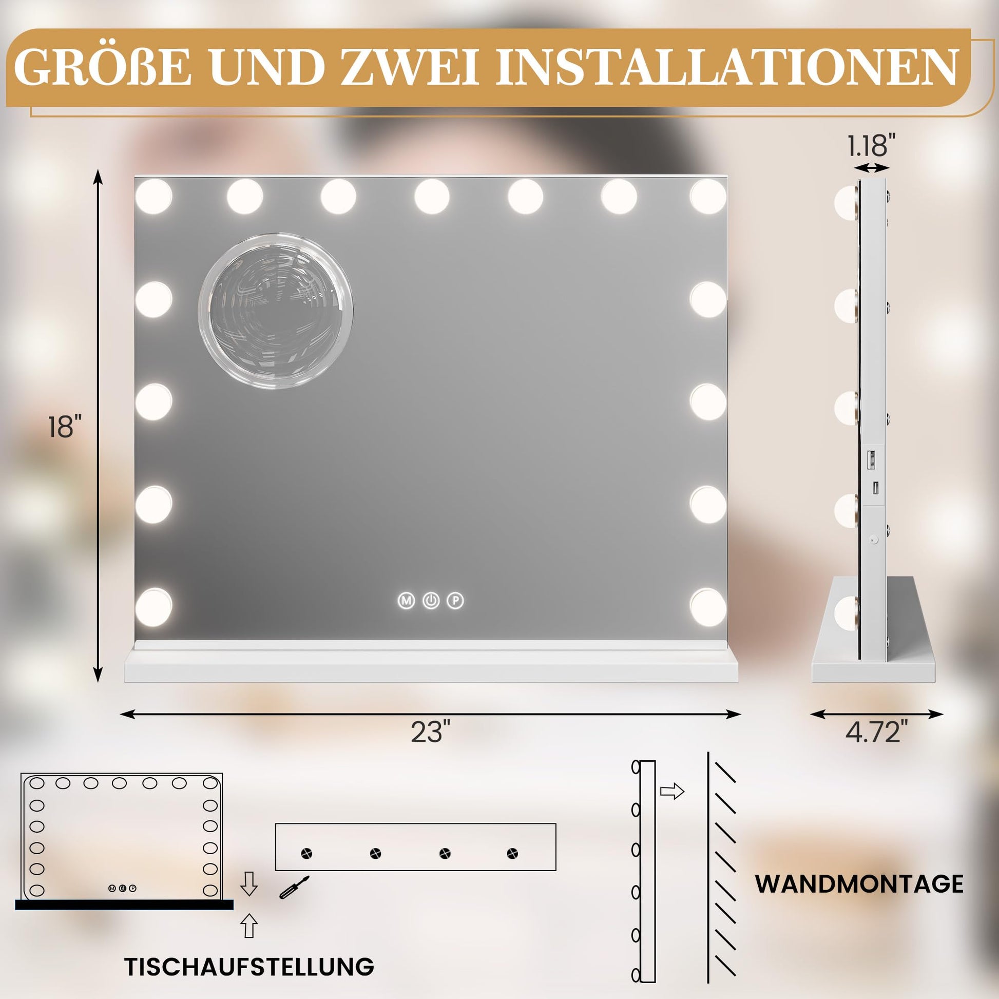Miroir de maquillage GARVEE Hollywood 58 x 46 cm avec 15 LED tactiles, blanc