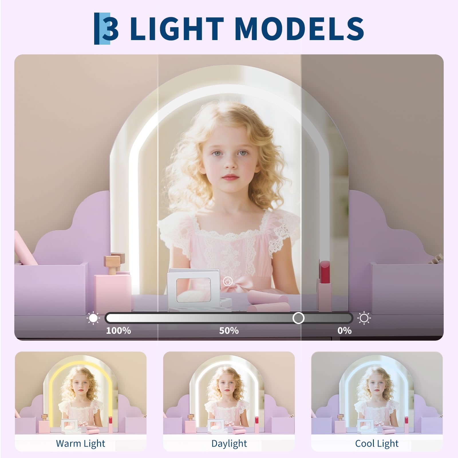 Garvee Coiffeuse Enfant avec Miroir LED, Table et Tabouret 2 en 1, Lumière Réglable, MDF Sûr, Grand Rangement, 100 cm, Lilas